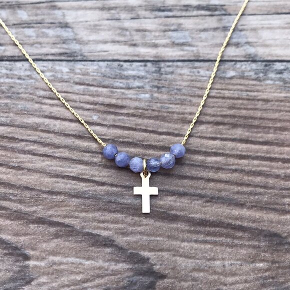 Beaded Cross necklace, gold, Easter gift, Christian gift, minimalist, gemstone, - Picture 5 of 6